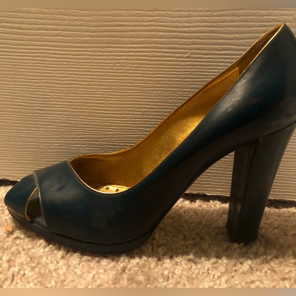 Authentic YSL green with gold trim peep toe heels